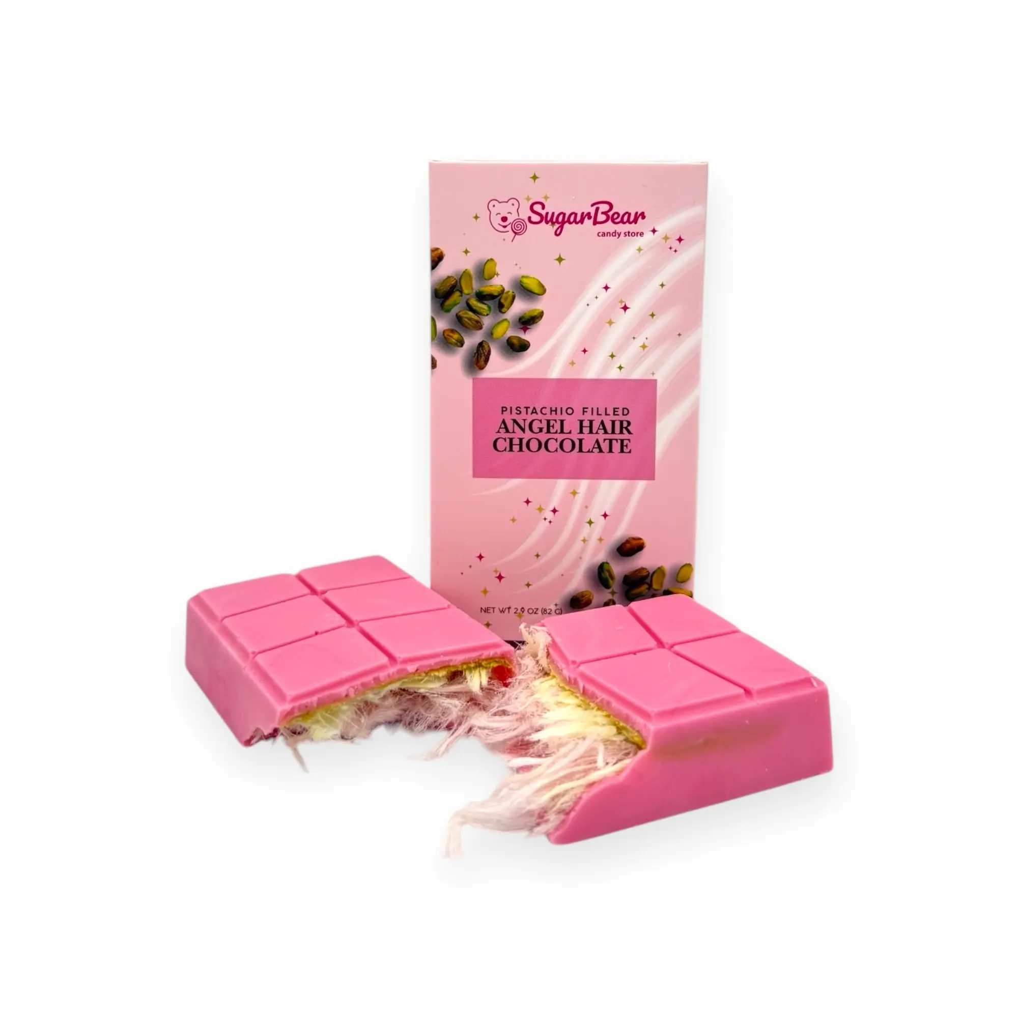 Pistachio Filled Angel Hair Chocolate - Viral Chocolate With Cotton Candy And Pistachio Cream - 2.9 oz Chocolate Bar Salt Almond