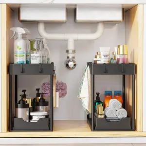 2pcs/1pc Under Sink Organizer with Pull Out Drawer, 2 Tier H-Shaped Cabinet Storage Rack That Fits Around Pipes, No Tools Needed Assembly, Heavy Duty Metal Shelves for Your Kitchen Bathroom & Laundry Room Mess