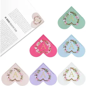 6 Pack Macaron Colorful Bookmarks,Heart Shape Leather Bookmark Set with Floral Initials,Cute UV Printed Design,Bulk Graduation Gifts for Students Teachers Book Lovers, Thank You Present (A)