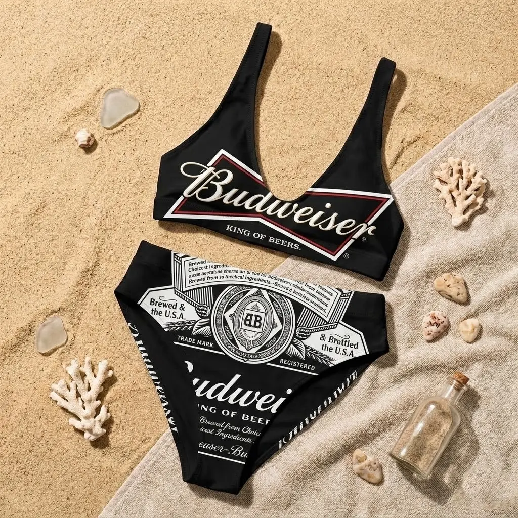 Budweiser Beer Print Bikini Set Swimsuit Hot Summer All Size S-5XL Black