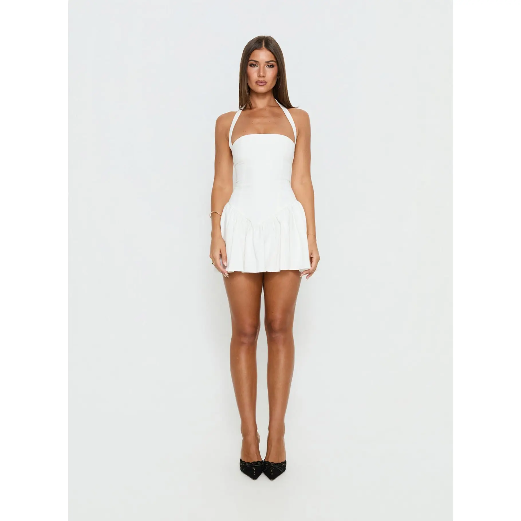 Esatora Halter Flare Mini Dress White - TikTok Shop