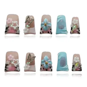 Short Duck Press on Nails - 3D Floral Metallic Butterflies False Nails with Pink French Tip & Leopard Print, Pearls Star Luxury Design, Reusable Thick Acrylic Full Cover