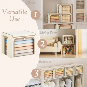 LAMU 3-Piece Fabric Storage Bins with Metal Frame | Zipper, Flip Lid, Transparent Window & PU Leather Handles - Stackable (40L Each)​