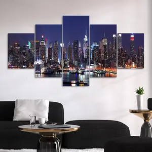 Night City Harbor Pattern Canvas Unframed Painting, 5 Counts/set Modern Wall Art Poster, Wall Art Decor Modern Home Decoration for Home Living Room Bedroom Office, Ornaments