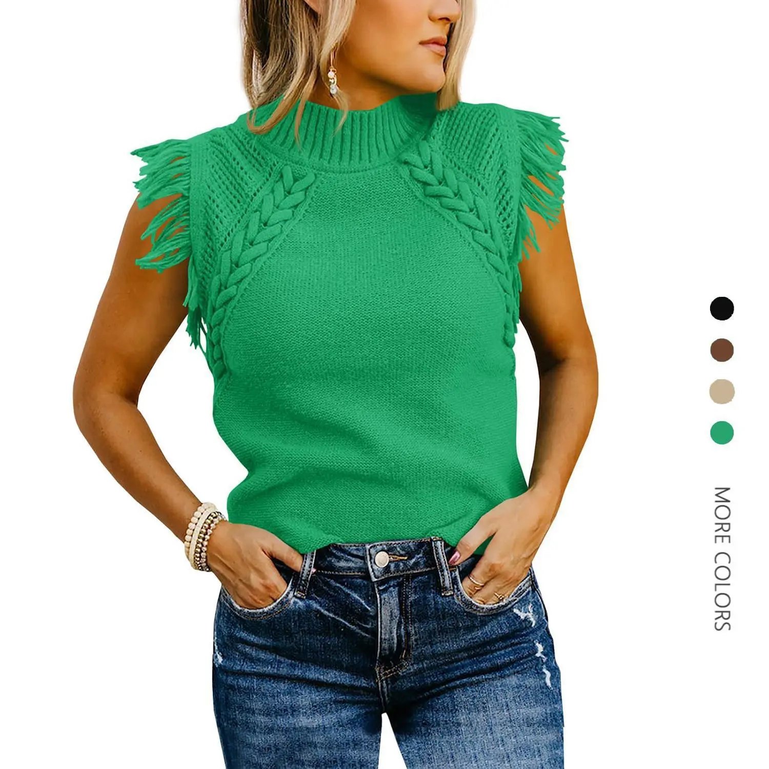 Lightweight Knitted Sweater Vest for Women, Boho Mock Neck Pullover with Cable Knit and Fringe Cap Sleeves, Boho Trend, Casual Sleeveless Strapless, Pullover Vest, Comfortable, Fringe Detail, Medium Length, Fitted Cut, Cable Knit With Fringe Cap Sleeves