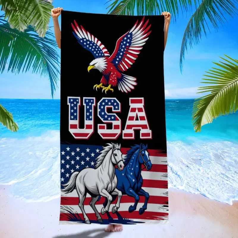 1pc Pack, Microfiber, American Style Eagle And Stallion Pattern Beach Towel, Quick-Dry Microfiber, Strong Wrap Design, Suitable for Beach And Pool Use, Beach And Reusable, Perfect for The Pool, Beach, Travel, Picnics, Baths