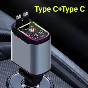 66W high-power fast charging capability, Red Star ambient light car charger, featuring a four-in-one fast charging design with dual Type-C ports. Includes a retractable cable, compatible with iPhone and Android devices. Mobile phone charger.