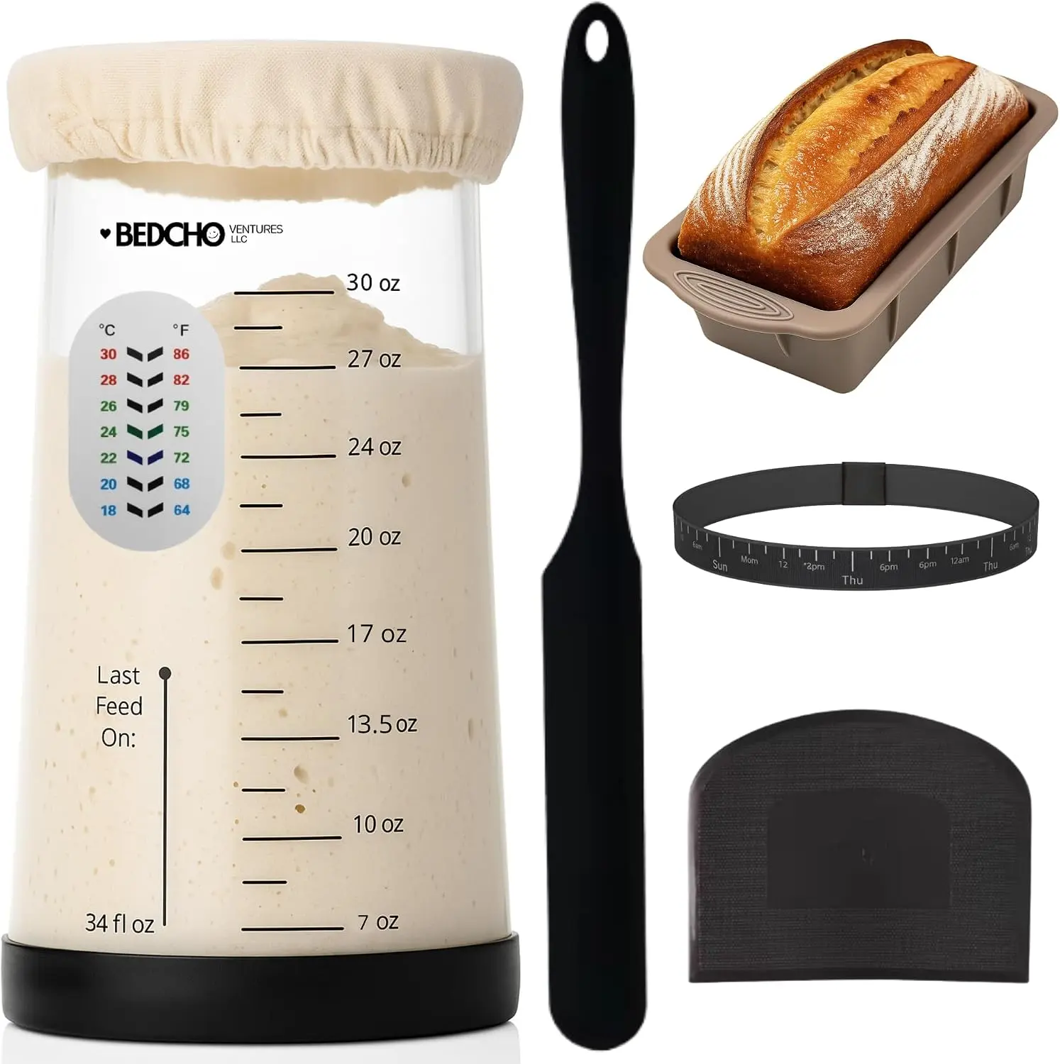 Sourdough Starter Kit – 8 Piece Bread Baking Set with Glass Jar, Silicone Bread Mold, Thermometer, Feeding Band, Cloth Cover & Dough Scraper