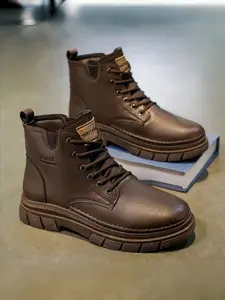 Men's High-Top British Style Boots, Casual PU Leather Sneakers, Anti-Slip Durable Work Shoes, Walking Shoes, All Seasons Plain Design