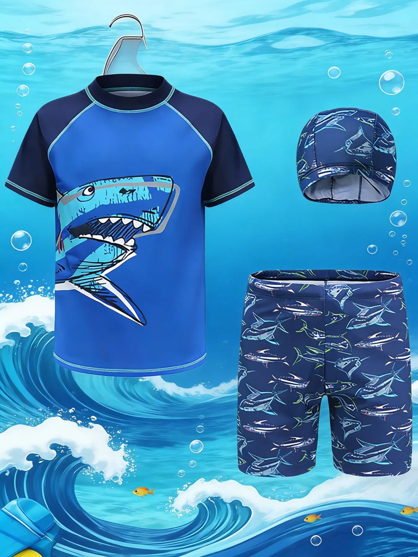Boy Swimwear Set, Shark Cartoon Split Swimsuit, Short Sleeve Swim Trunks Cap Three Piece Set, Ideal for Daily Swimming Training, Beach Surfing, Swimsuits With Shorts, Swimsuit Sets, Summer Swimwear