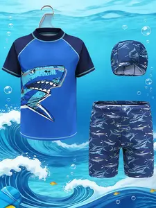 Boy Swimwear Set, Shark Cartoon Split Swimsuit, Short Sleeve Swim Trunks Cap Three Piece Set, Ideal for Daily Swimming Training, Beach Surfing, Swimsuits With Shorts