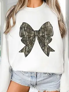Women's Camo Bow Print Drop Shoulder Thermal Lined Sleep Sweatshirt, Casual Long Sleeve Round Neck Pullover for Spring & Fall, Ladies Sleepwear for Daily Wear, Womenswear, Tops