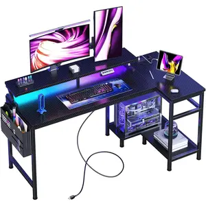 Gaming Desk, Computer Desk with USB Charging Ports, Power Outlets, Type-C and LED Lights, Reversible L Shaped Desk with Storage Shelves & Monitor Stand for Office Gaming Room Black 48IN
