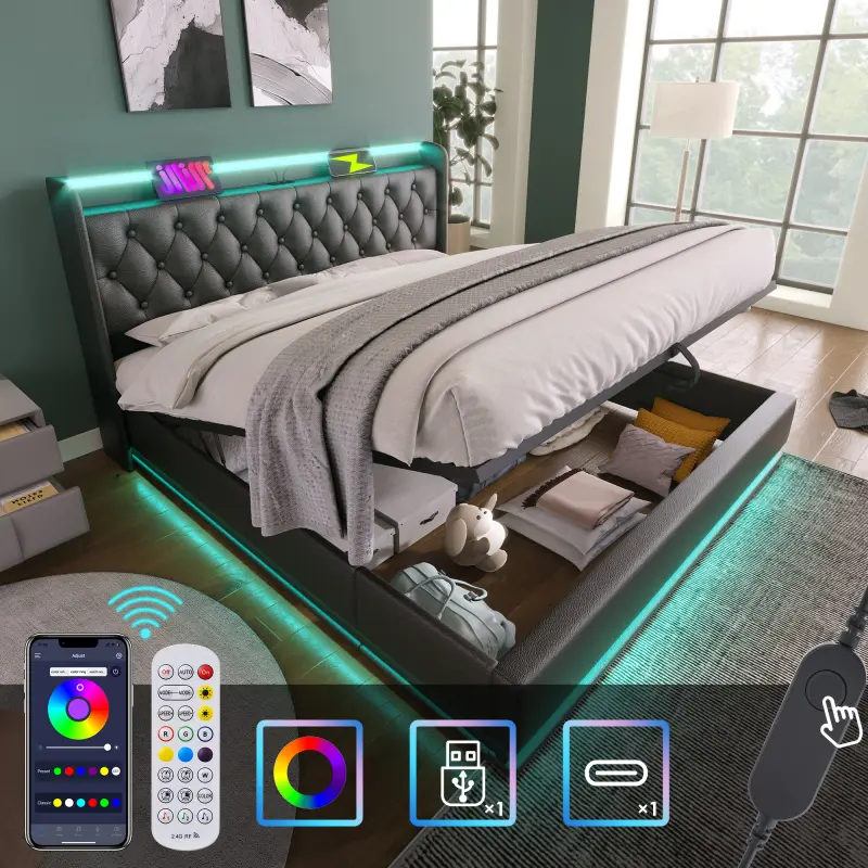 Upholstered bed, 360 surround LED function, Buttons/Apps/Remote Control, hydraulic storage bed with USB Type-C charging, Black,PU (Without mattress), Led Bed Frame, Smart Bed