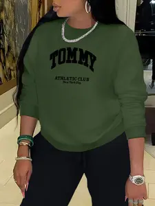 TOMMY Letter Print Fashion Women's Casual Loose Sweatshirt, Stylish Crewneck Long Sleeve Pullover for Comfort in Fall & Winter, Ideal for Outdoor Activities