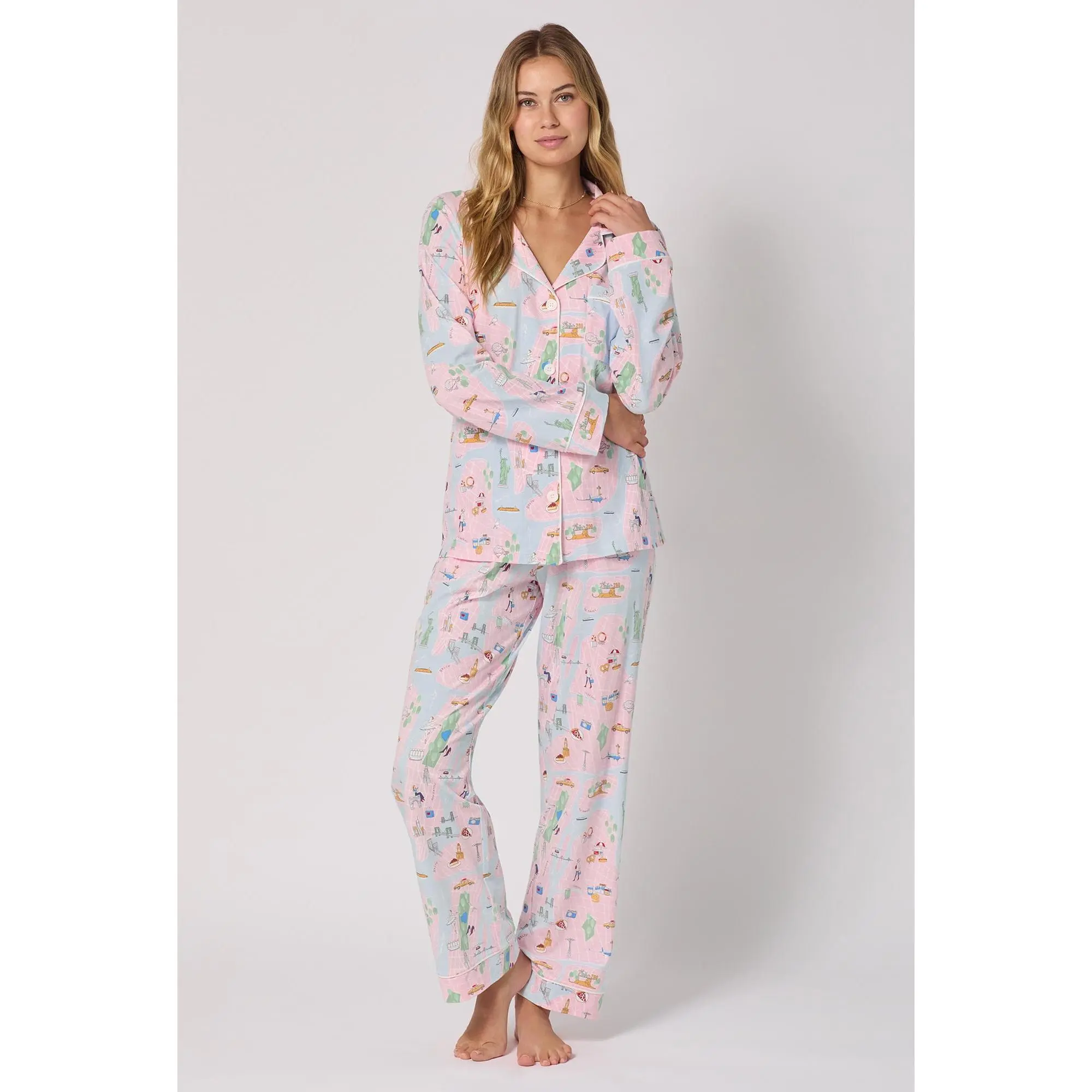 Women's Classic Long Sleeve Knit Cotton Jersey Pajama Set - Stretchy, Breathable Fabric, Pocket Design, Stylish Sleep & Relaxation Loungewear, Nightwear, New York(1426B), Organic Cotton, Elastic Waist, Full-Length, Cold Wash, City Print, Hand-Drawn New Yo