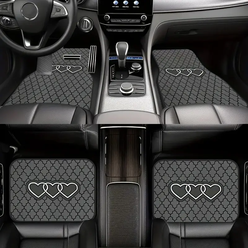 4-piece black and gray geometric heart-pattern car floor mats, made of premium all-weather durable polyester, easy to clean, suitable for sedans and SUVs, a stylish interior accessory, perfect gift for parents or loved ones