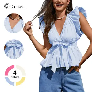 Chicovar Women’s Summer Deep V Neck Puff Sleeve Short Blouse – Elastic Trim Bow Front Peplum Short Top, Bubble Hem A-Line, Slim Fit X-Shaped Waist Cute Casual Shirt for Work, Date, Vacation & Daily Wear