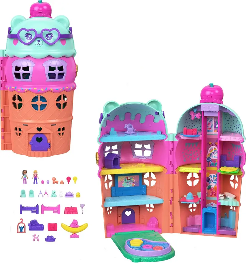 Polly Pocket Micro Dolls & Large Gelato House Playset, Ice Cream Bear Theme with 25+ Accessories Including Furniture, Food, and Pets