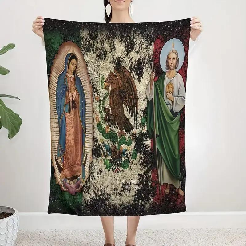 Soft Funny Throw Blanket Mexican Culture Religious Icon Blanket, Vintage Flannel Throw, Warm Cover for Friends and Family, Home Decor, Travel and Camping, Figure Print Blanket, Multifunctional Blanket