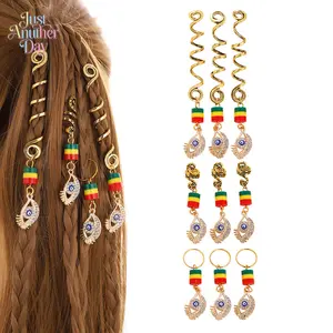 Evil Eye Hair Charms Set Rasta Color Beads & Gold Spirals for Braids Dreadlocks Perfect for Reggae Festivals Boho Vibes and Everyday Protection Stylish Hair Jewelry for Trendsetters