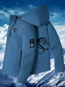 Men's Casual Jacket with Dragon Logo Print, Zipper Windproof Hooded Coat, Lightweight Durable Polyester, Long Sleeve Pockets, Outdoor Sports