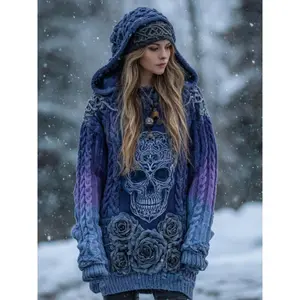 Plus Size Women's Large Oversized Gothic Hooded Sweater MU7945073 - Winter Warm Purple & Black Retro Pullover with Skull Print Collar Loose Fit Casual for Halloween & Layered Outfits Machine Washable