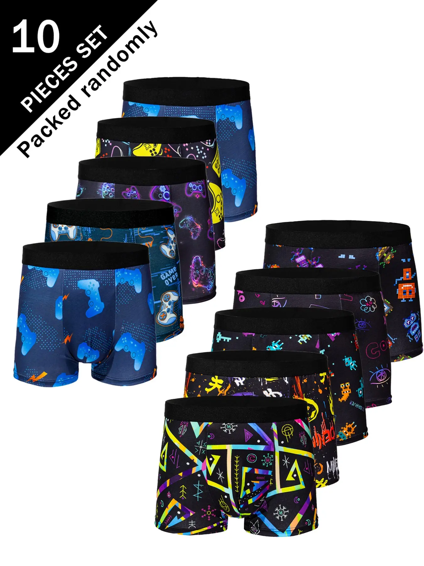 Men's Gaming Element Print Briefs, Cyberpunk Style, Skin-Friendly Mid-Waist, Random Colors, Casual Fitted Underwear, Novelty Print Briefs, 10-Pack