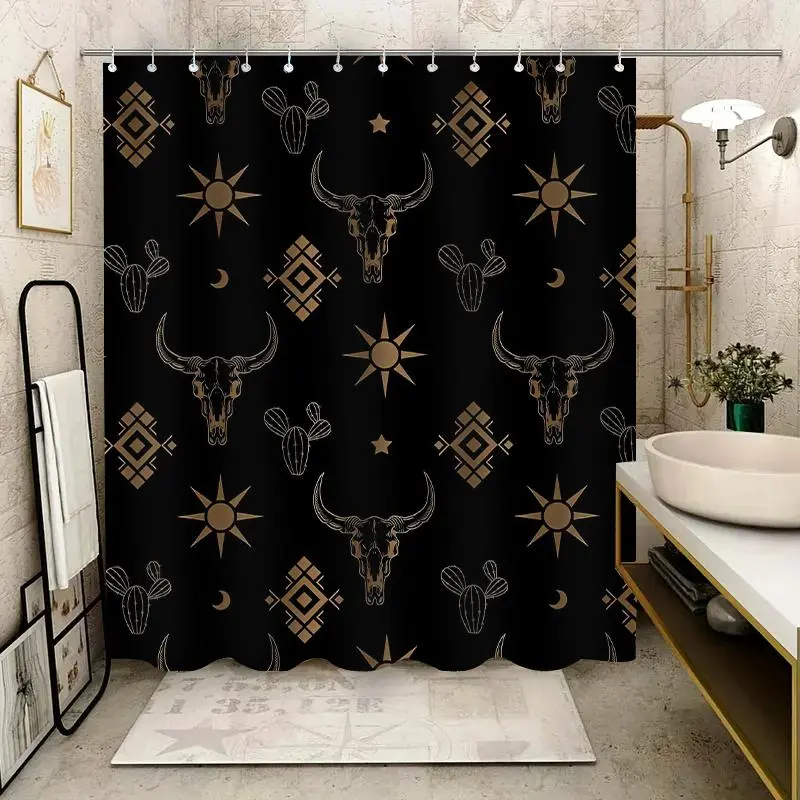 Geometric Bull Skull Pattern Shower Curtain, Waterproof Bathroom Shower Curtain with Free Hooks, Durable Shower Curtain for Home, Hotel, Apartment, Dorm, Spa, Bathroom Accessory, Bathroom Decor