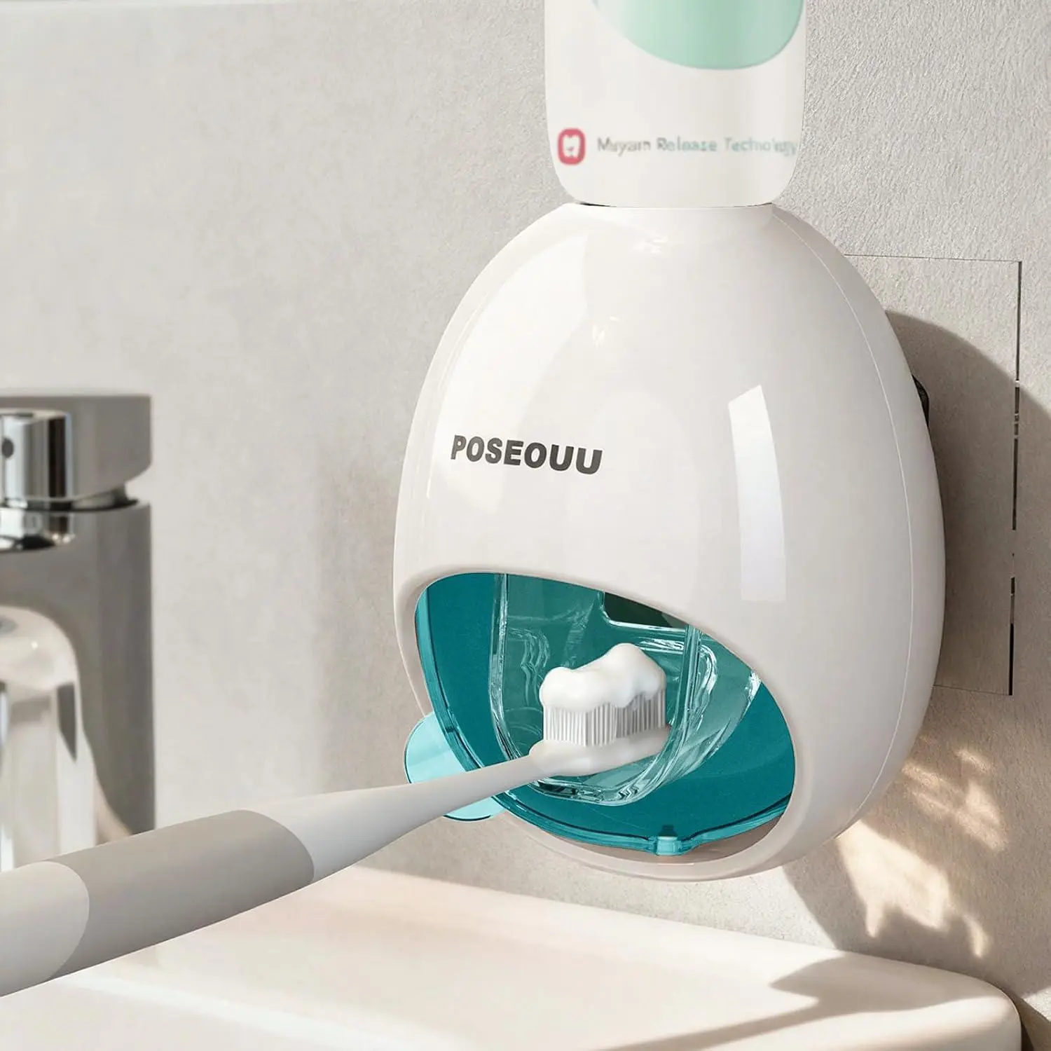 Wall Mounted Toothpaste Dispenser with Cleaning Brush POSEOUU Silicone Toothbrush