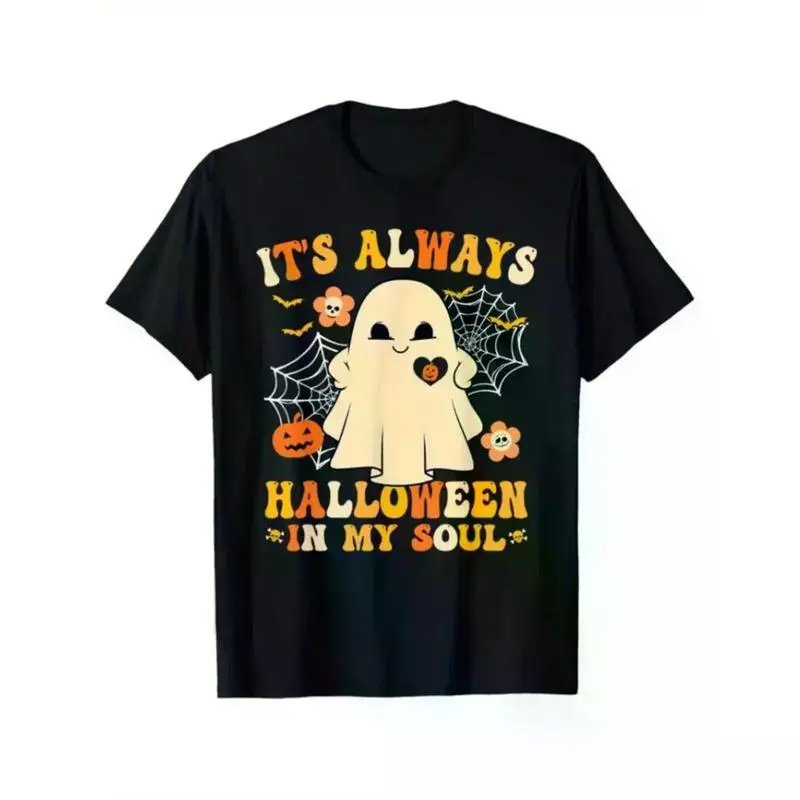 Women's Halloween T-Shirt, Minimalist Ghost Pumpkin Graphic, Casual Loose-Fit Short Sleeve Round Neck Top in Soft Cotton, Tops, Baggy, Tshirt, Halloween Shirts, Pumpkin Ghost, Shortsleeve, Machine Wash, All Seasons, Crew Neck, Machine Washable