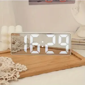 Mini Size Mirror LED Clock Simplicity Colorful Alarm Clocks Ultra Portable Travel Bedroom Bedside Clock 12/24H Display 6.3inches Large Display LED Digital Snooze Time Date Temperature Memory 3 Brightness Adjustable USB/Battery Powered Living Office Desk