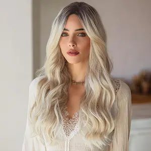 SMILCO/26Inch Ombre Brown Ash Golden Long Curly with Bangs Synthetic Wig/SM524