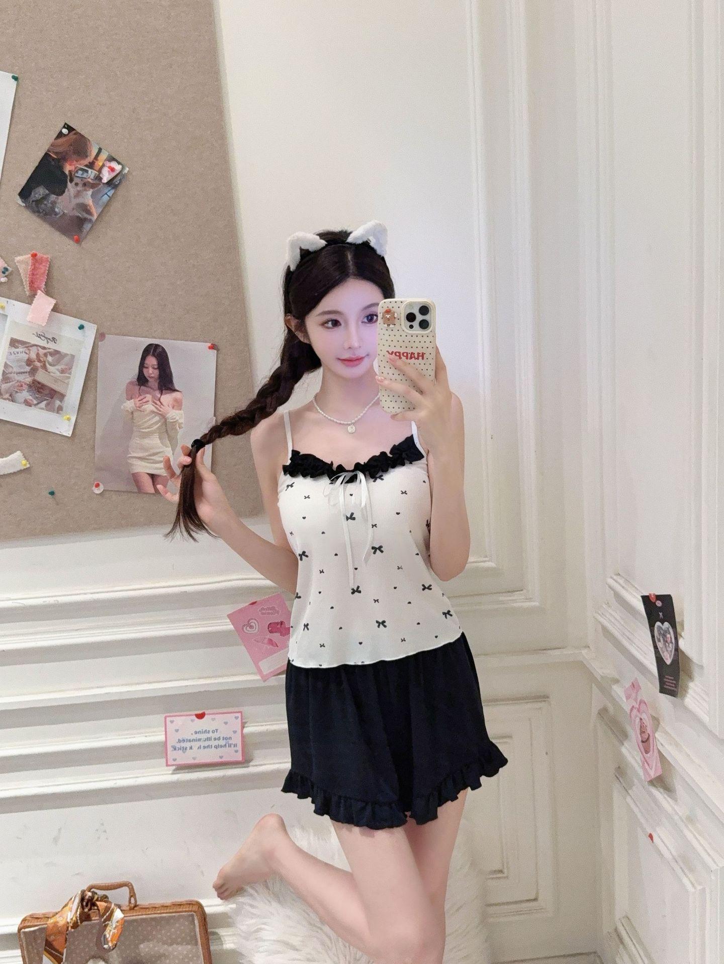 Women's summer pajamas with chest pads, camisole and shorts, pure and sexy Korean style, sweet, casual, loose-fitting home wear set