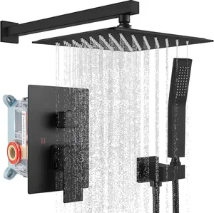 Rainfall Bathroom Shower System Rain Shower Head and Handle Set Wall Mounted Shower Complete Combo Solid Brass Pressure Balancing Shower Mixer Valve 10 Inch Matte Black