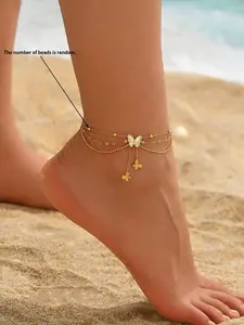 Women's Stainless Steel Beaded Three-Layer Butterfly Fringe Anklet, Fashion Jewelry Accessory, Elegant Footwear Decor, Boho Anklet, Layered Anklet, Fashionable Jewelry Accessories