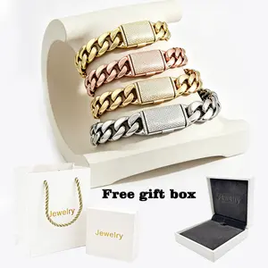 Stainless Steel Cuban Link Bracelet with Zircon Clasp - 14K/18K Gold, Rose Gold & Silver Options, Free Gift Box Included - Hip Hop Jewelry for Men & Women<br/>