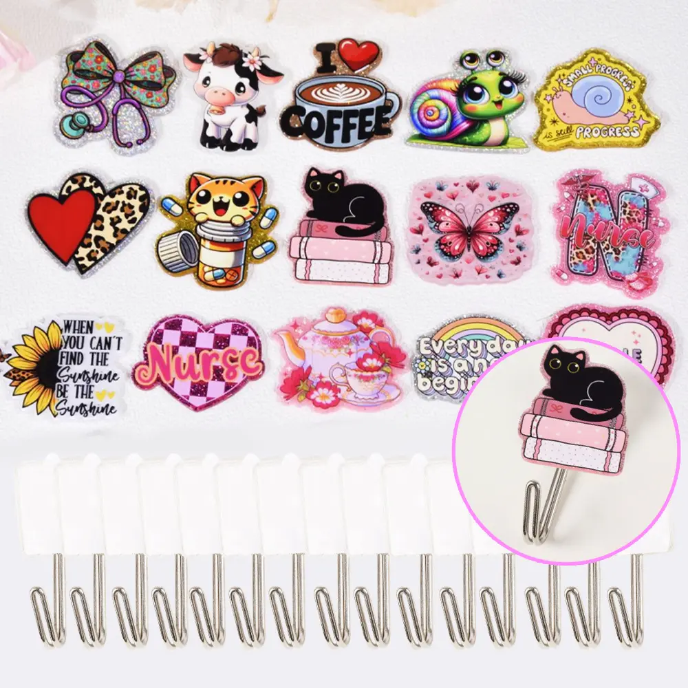 Random Acrylic Hook Set, Includes 15pcs Hooks with Double-sided Tape and 15Pcs Cartoon Glitter Acrylic Flatback, DIY Decorative Storage Accessories.