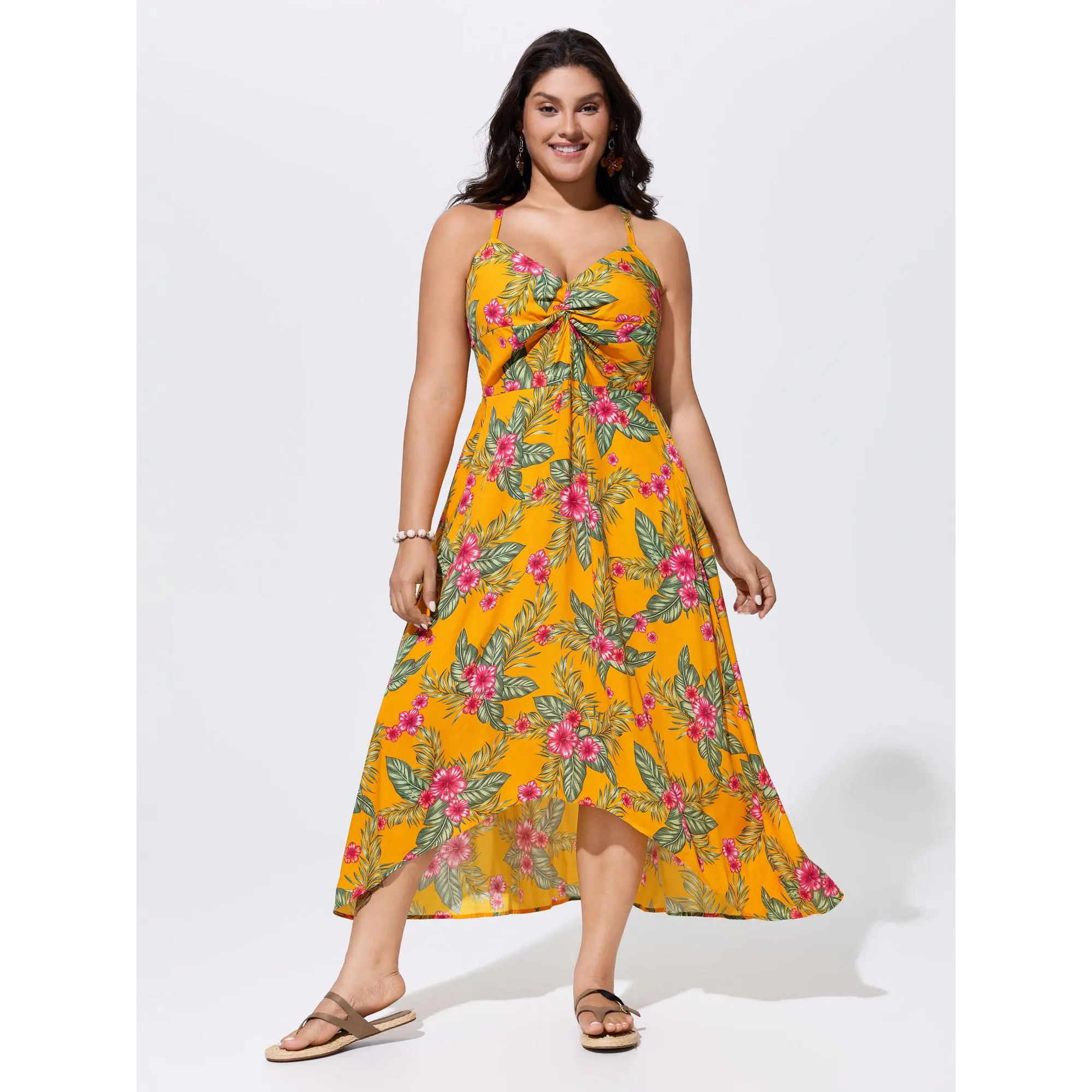 BloomChic Plus Size Tropical Print Smooth Rayon Maxi Dress, Sleeveless Casual Resort Wear with a Twist Front and Pockets, Garment, Fabric, Fit, Tropical Clothing, Front Twist, Pull-On, Side Pockets, Plus Size Fashion, Curv Life Casual Dresses, Curve Body,