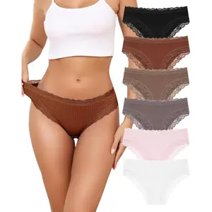 Women's Cotton Bikini Underwear Brazil Cut Panties Lace Cheeky Hipster Soft Stretch Breathable 6 Pack