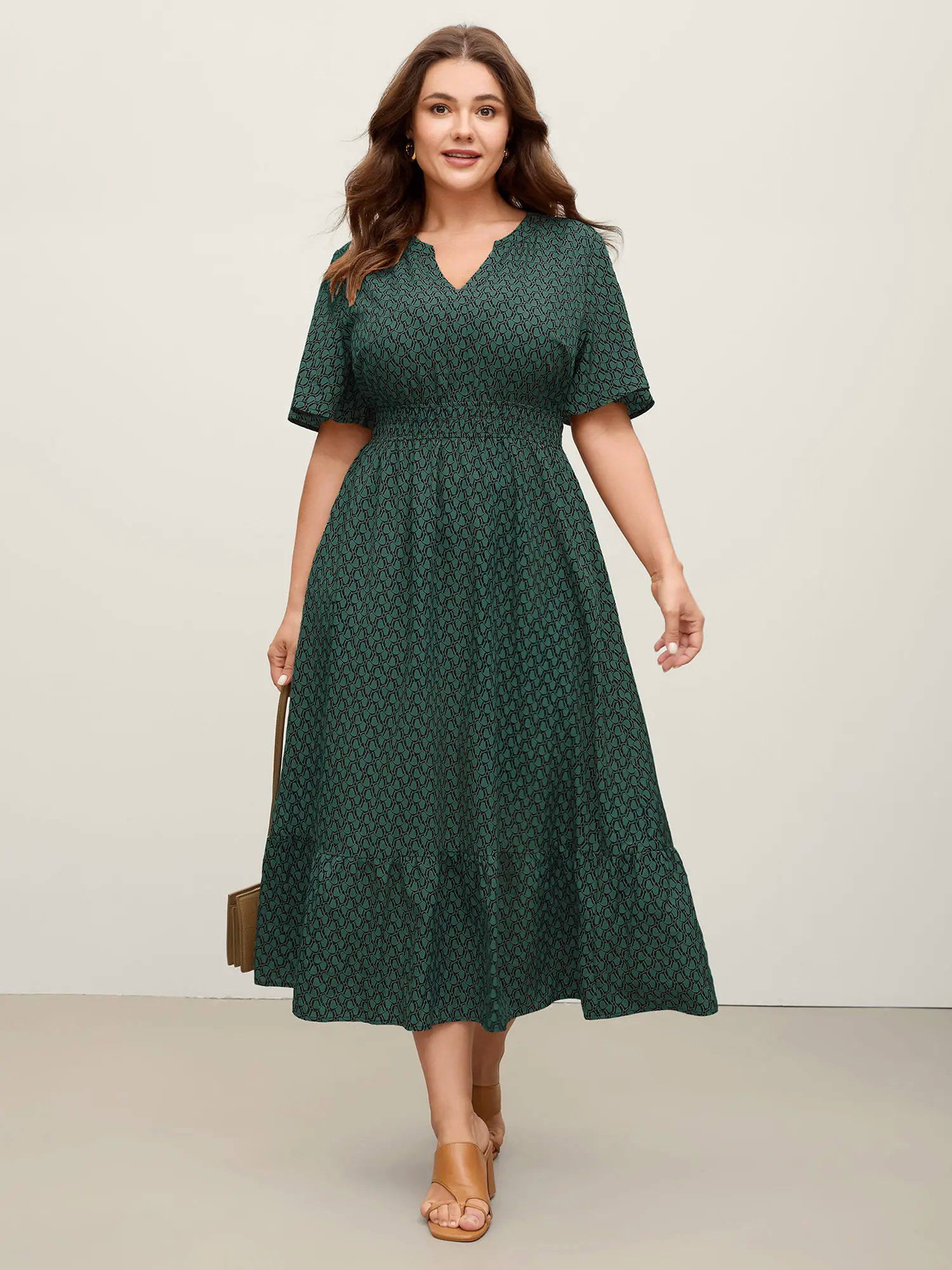 BLOOMCHIC Women's Short-Sleeve Geometric Print Waist-Cinched Tiered Midi Casual Dress - Spandex Smooth Fabric, Pocket, Fit, Color-Block Casual Dresses, Swimweek,  Boho Style Fitted Shortsleeve,Summerfinds