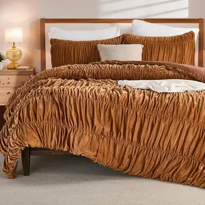 Ruched Comforter Set  Size,Boho Shabby Chic Bedding Comforter,Ultra Soft Burnt Orange  Bedding Set Full Size, Season Lightweight  Comforter Bed Set 3 count