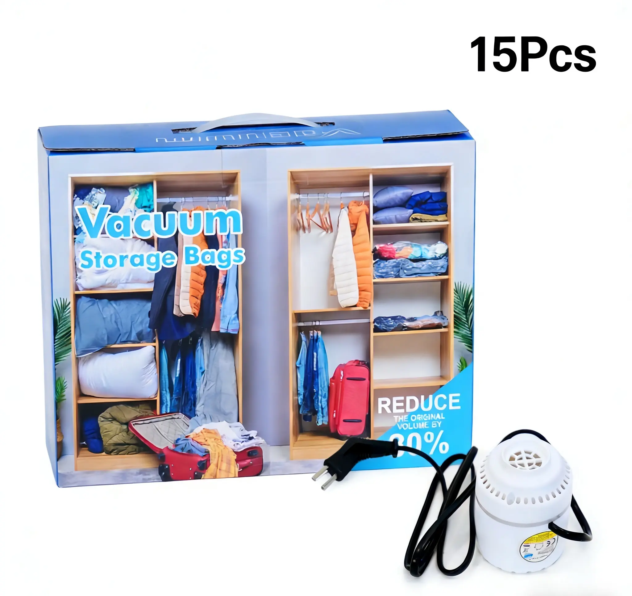 15-Piece Multi-Size PE PA Fabric Vacuum Seal Storage Bag Set with Air Pump, Eco-Friendly Lightweight Wired Portable Organiser, Advanced Compression Technology for Bedding, Home Clothing (Home Supplies)