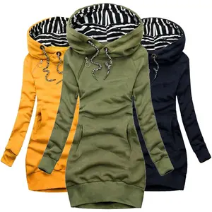 Hoodie Dress Casual Solid Colour Long Sleeve Drawstring Hoodie Dress Slim Hooded Pullover Sweatshirt Dress