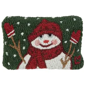 Chilly Cheeks Hooked Wool Pillow with Snowman Design and Red Gloves
