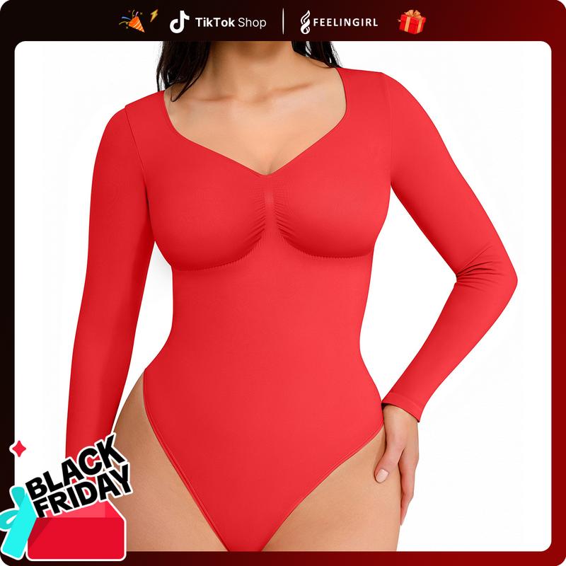 FeelinGirl Womenswear Seamless Long Sleeve Thong Bodysuit for Tummy Control V Neck Going Out Fabric Comfortable Springtok Casual Breathable