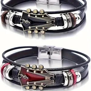 2 Vintage Faux Leather Guitar Bracelets |   Alloy Rock Music Guitar Bracelet for Men Punk |   Guitar Handmade Jewelry Gift