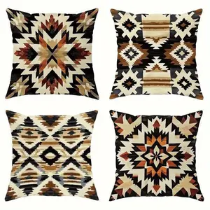 Ethnic Geometric Pattern Decorative Pillow Covers, 4 Piece Set Without Pillows, Hidden Zipper, Easy to Clean, for Bedroom Living Room Sofa Car Home Decoration