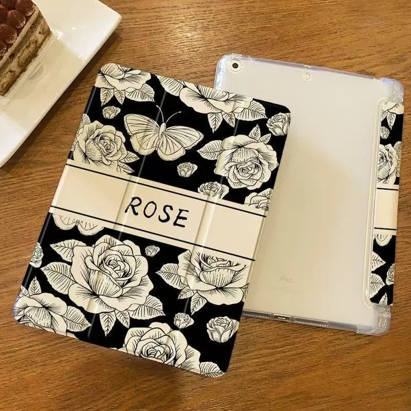 Black & White Floral Butterfly Trifold Tablet Case, Single-Side Print, Adjustable Stand & Pencil Holder, Compatible with iPad 10th/11th Gen, iPad A16, 10.2" iPad, 11" iPad Pro 2020/2021, 11" iPad Air, iPad 2025 & Galaxy Tab S9 FE+ 12.4", Ideal for Daily