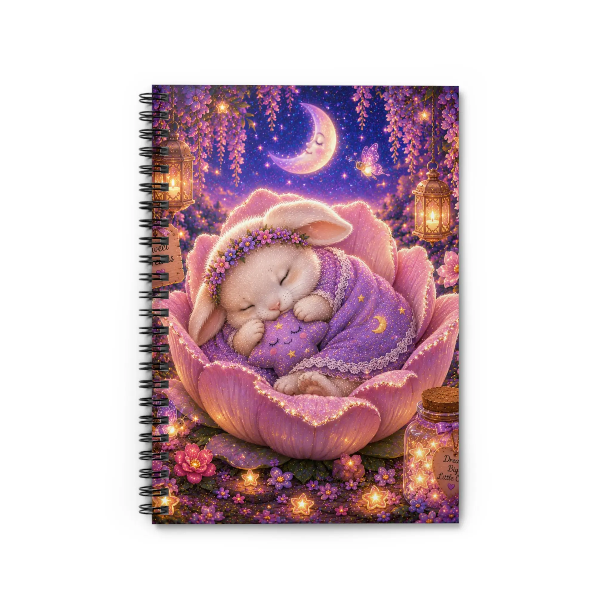 Sleeping Bunny in Flower Spiral Notebook | Cute Fantasy Journal | Dreamy Cottagecore Writing Notebook | Ruled Line Journal for Kids & Adults